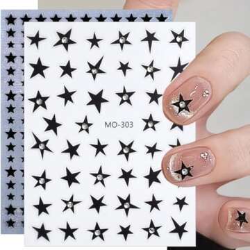 6 Sheets Star Nail Stickers for Nail Art 3D Black Gold Silver Star Nail Art Stickers Self-Adhesive Star Stickers with Rhinestones Glitter Designs Chrome Nail Decals for Women Girls DIY Acrylic Nails