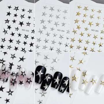 6 Sheets Star Nail Stickers for Nail Art 3D Black Gold Silver Star Nail Art Stickers Self-Adhesive Star Stickers with Rhinestones Glitter Designs Chrome Nail Decals for Women Girls DIY Acrylic Nails