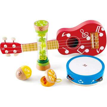 Hape Mini Band Instrument Set | Five Piece Wooden Instrument Music Set for Kids , Red