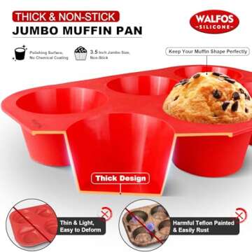 Walfos Silicone Texas Muffin Pan - 6 Cup Jumbo Silicone Cupcake Pan, Non-Stick Silicone, Just PoP Out! Perfect for Egg Muffin, Big Cupcake - BPA Free and Dishwasher Safe