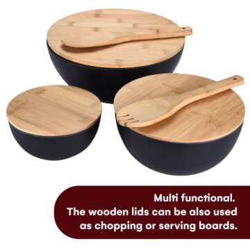 Vdomus Salad Serving Bowls with Lids - 5x10x10-Inch Bamboo Fiber Bowl Set with Wooden Lids - Multi-Purpose Bowl and Board Set for Kitchen - Mixing Bowl Set for Serving and Preparing Food - Set of 3