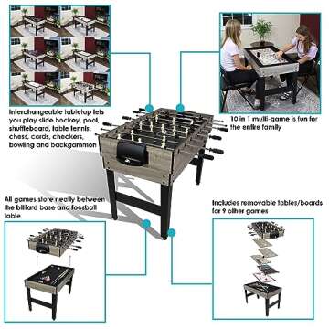 Sunnydaze 10-in-1 Game Table - Combination Multi-Game Table with Billiards, Push Hockey, Foosball, Ping Pong, Chess, Checkers, Backgammon, Bowling, Shuffleboard, Card Games - Classic Wood Stain
