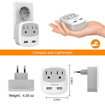 European Travel Plug Adapter Converter, TESSAN International Power Plug Converter with 2 USB, Type C Outlet Adaptor Charger for US to Most of Europe EU Iceland Spain Italy France Germany