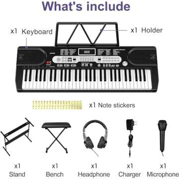 Senfot Kids Keyboard Piano 61 Key, Portable Electric Piano Keyboard, Sturdy Stand and Adjustable Stool, With Headphones and Microphone, Perfect for Beginners and Kids, Birthday Gift, With Stand+Stool