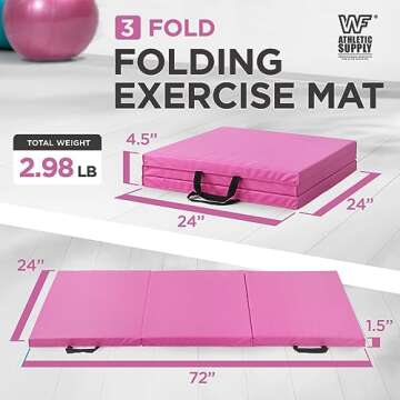 WF Athletic Supply Tri Fold Folding Exercise Mat with Carrying Handles, 1.5" Thick Foldable Gym Mat, Folding Foam Workout Mat for Gymnastics, Yoga, MMA, Core Workouts, Stretching, Pink