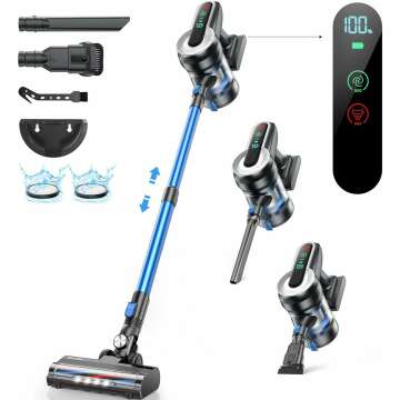 Roanow Cordless Vacuum Cleaner, 450W/35KPA Vacuum Cleaners for Home, Max 55 Mins Runtime, Ultra-Lightweight Stick Vacuum Cleaner with LED Display for Carpet and Floor, Pet Hair, Blue, SCV001