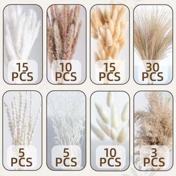 Natural Pampas Grass 8kind Grass Mix Bouquet | Dried Pampas Bouquet for Wedding Boho Flowers Home Table Decor Desk Decor, Rustic Farmhouse Decor (93PCS)