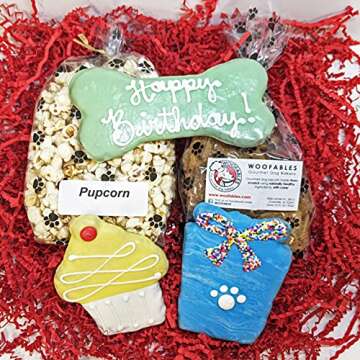 Woofables Gourmet Dog Bakery Small Birthday Treat Box with Pupcorn, Hand-Decorated Treats & More | Homemade, Fresh, Human-Grade, All-Natural Ingredients | Corn, Soy & Preservative Free | USA Made