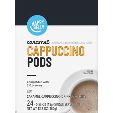 Amazon Brand - Happy Belly Cappuccino Coffee Pods Compatible With K Cup Brewers, Light Roast, Caramel Flavored, 24 Count, 12.72 ounce (Pack of 1)