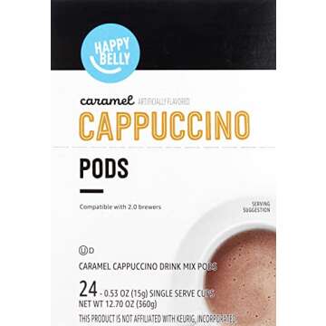 Amazon Brand - Happy Belly Cappuccino Coffee Pods Compatible With K Cup Brewers, Light Roast, Caramel Flavored, 24 Count, 12.72 ounce (Pack of 1)