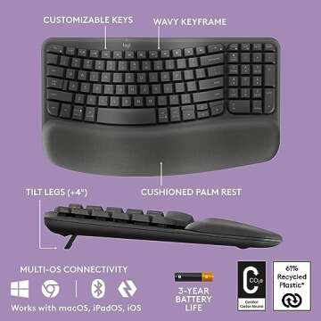 Logitech Wave Keys Wireless Ergonomic Keyboard with Cushioned Palm Rest, Comfortable Natural Typing, Easy-Switch, Bluetooth, Logi Bolt Receiver, for Multi-OS, Windows/Mac - Graphite (Renewed)