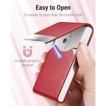 MaxGear Business Card Holder, PU Leather Business Card Case Pocket Card Holders for Men or Women, Metal Slim Name Card Holder RFID Blocking Business Card Carrier with Magnetic Closure, Red