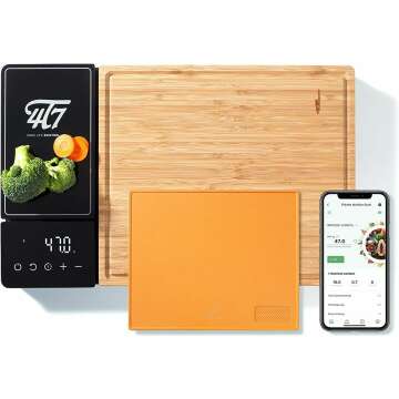 4T7 Smart Meal Prep System, Smart Cutting Board Set, Bamboo and Wheat Straw Chopping Boards, Weigh, Timer, App Calorie Counter, Juice Grooves, Health Management, Best Gift, The Smart Food Prep Station