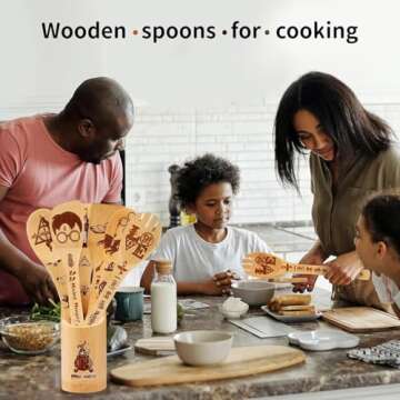 Harr Gifts for Women Kitchen Accessories Wooden Spoons for Cooking Utensils Set 7pcs Magic Wizard Spoon for Wedding&Housewarming-Wooden Spatula for Birthday Gift