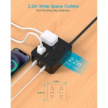 Power Strip Surge Protector, 5Ft Ultra Thin Flat Plug Extension Cord with Multiple Outlets, 8 Widely Outlet Extender with 4 USB Ports(2 USB C), 1080J Wall Mount for College Dorm Room Essentials Black