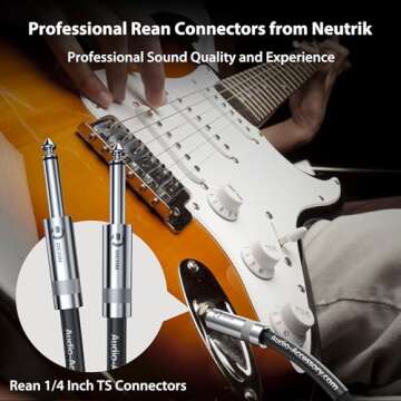 Guitar Cable 10 ft 2 Pack, Professional Rean Connectors from Neutrik, Kevlar-Reinforced Instrument Cable, 1/4 Inch Electric Guitar Cable, Bass Guitar AMP Cord, 20 AWG