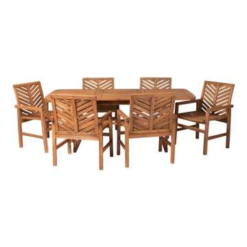 Walker Edison AZW7TXVINBR 6 Person Outdoor Wood Chevron Patio Furniture Dining Set Extendable Table Chairs All Weather Backyard Conversation Garden Poolside Balcony, 7 Piece, Brown