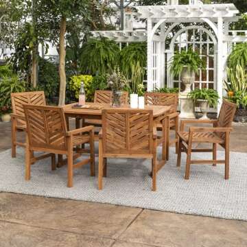 Walker Edison AZW7TXVINBR 6 Person Outdoor Wood Chevron Patio Furniture Dining Set Extendable Table Chairs All Weather Backyard Conversation Garden Poolside Balcony, 7 Piece, Brown