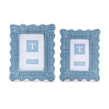 Two's Company Blue Wicker Weave Photo Frames - Handmade Rattan Frames for 4x6 & 5x7 Photos, Boho Desk Decor, Rustic Wall Art, Unique Artisan Home Decor, Scalloped Edge Design - Set of 2