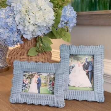 Two's Company Blue Wicker Weave Photo Frames - Handmade Rattan Frames for 4x6 & 5x7 Photos, Boho Desk Decor, Rustic Wall Art, Unique Artisan Home Decor, Scalloped Edge Design - Set of 2