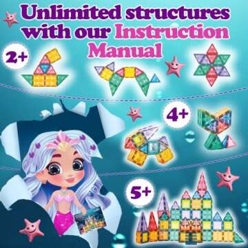 Little Pi Mermaid Princess 106 Pcs Magnetic Building Blocks Castle - Magnet Tiles Doll House - Educational Stem Playset Toddler Toys - Birthday Gift for Kids Age 3 4 5 6 7 8 Year Old Girls & Boys