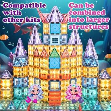 Little Pi Mermaid Princess 106 Pcs Magnetic Building Blocks Castle - Magnet Tiles Doll House - Educational Stem Playset Toddler Toys - Birthday Gift for Kids Age 3 4 5 6 7 8 Year Old Girls & Boys