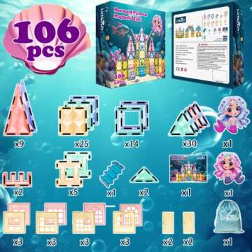 Little Pi Mermaid Princess 106 Pcs Magnetic Building Blocks Castle - Magnet Tiles Doll House - Educational Stem Playset Toddler Toys - Birthday Gift for Kids Age 3 4 5 6 7 8 Year Old Girls & Boys