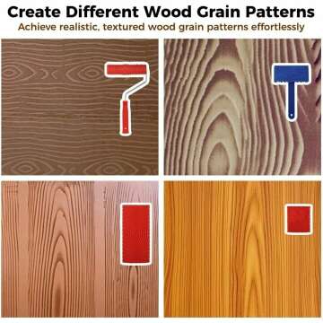 4 PCS Wood Graining Tools, Wood Grain Patterns Tool Set, Wood Grain Painting Roller with Handle, DIY Rubber Wood Graining Decorating Tool for Walls, Floors, Decks, Furniture (wood)