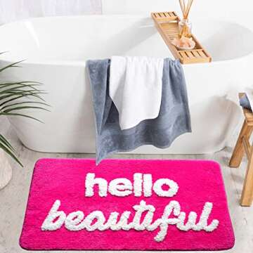 Evovee Hello Beautiful Bath Mat Cute Bathroom Rugs for Girls You Look Good Gorgeous Funny Shower Fun Bathroom Decor Non-Slip Washable Kids Women Dark Hot Pink Magenta