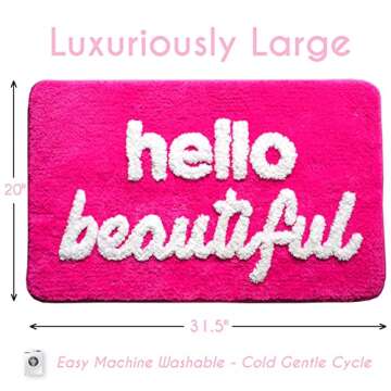 Evovee Hello Beautiful Bath Mat Cute Bathroom Rugs for Girls You Look Good Gorgeous Funny Shower Fun Bathroom Decor Non-Slip Washable Kids Women Dark Hot Pink Magenta