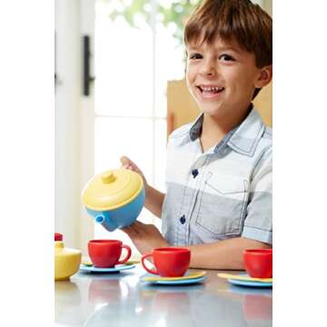 Green Toys Tea Set, Blue/Red/Yellow - 17 Piece Pretend Play, Motor Skills, Language & Communication Kids Role Play Toy. No BPA, phthalates, PVC. Dishwasher Safe, Recycled Plastic, Made in USA.