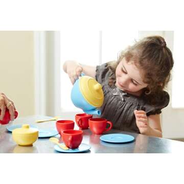 Green Toys Tea Set, Blue/Red/Yellow - 17 Piece Pretend Play, Motor Skills, Language & Communication Kids Role Play Toy. No BPA, phthalates, PVC. Dishwasher Safe, Recycled Plastic, Made in USA.