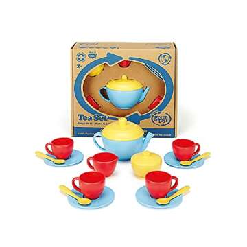 Green Toys Tea Set, Blue/Red/Yellow - 17 Piece Pretend Play, Motor Skills, Language & Communication Kids Role Play Toy. No BPA, phthalates, PVC. Dishwasher Safe, Recycled Plastic, Made in USA.