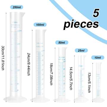 Ira Pollitt Set of 5 Plastic Graduated Cylinder, Scientific Plastic Measuring Cylinder Lab Test Tube,5 Sizes 10ml 25ml 50ml 100ml 250ml,PP Material Hexagonal Base