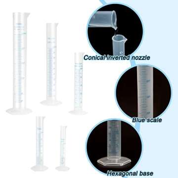 Ira Pollitt Set of 5 Plastic Graduated Cylinder, Scientific Plastic Measuring Cylinder Lab Test Tube,5 Sizes 10ml 25ml 50ml 100ml 250ml,PP Material Hexagonal Base