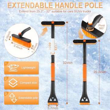 LivTee Ice Scraper and Snow Brush for Car Windshield, 32" Extendable Snow Removal Tool with 360° Rotating Brush, Automotive exterior Accessories and Winter Essentials for Cars, Trucks, and SUVs,Orange