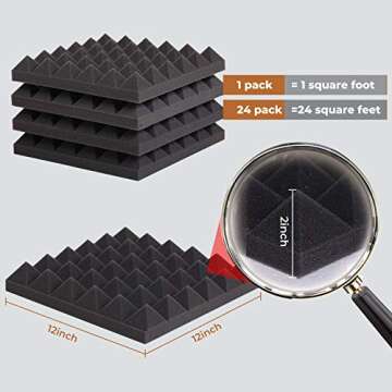 24 Pack-12 x 12 x 2 Inches Pyramid Designed Acoustic Foam Panels, Sound Proof Foam Panels Black, High Density and Fire Resistant Acoustic Panels, Sound Panels, Studio Foam for Wall and Ceiling