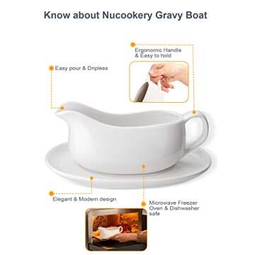 Nucookery Large 14 Oz Gravy Boat with Saucer - White Fine Porcelain Saucier With Big Dripless Lip Spout - Bowl For Thanksgiving, Warming Sauces, Salad Dressings, Milk, More - Microwave & Freezer Safe