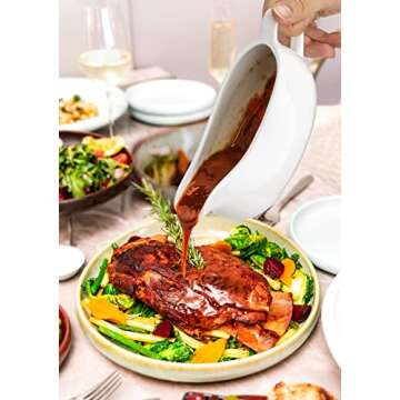 Nucookery Large 14 Oz Gravy Boat with Saucer - White Fine Porcelain Saucier With Big Dripless Lip Spout - Bowl For Thanksgiving, Warming Sauces, Salad Dressings, Milk, More - Microwave & Freezer Safe