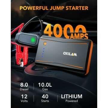 OXILAM Jump Starter, 4000A Peak Car Battery Jumper Starter Portable, Up to 10L Gas and 8L Diesel Engines, UltraSafe 12V Jumper Cables with Battery Pack, Power Bank, 600 LM LED Flashlight, Orange