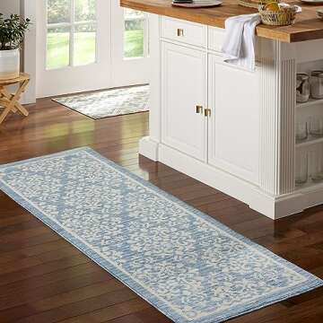 TOWN & COUNTRY EVERYDAY Walker Damask Medallion Everwash™ Washable Multi-Use Decorative Rug, Tufted Kitchen Runner Rug, Low-Profile Door Mat, Bath Rug with Non-Slip Backing, Light Blue, 24"x72"