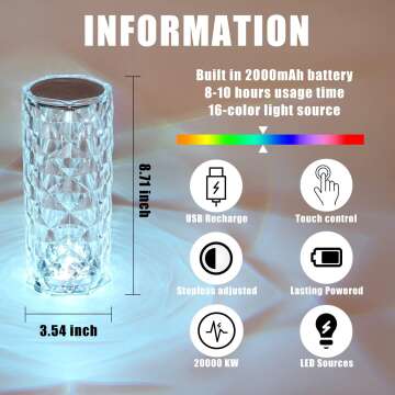 BGFHome Crystal Table Lamp RGB Color Changing Night Light ，Romantic LED Rose Diamond Touch Lamps for Living Room (Remote & Touch