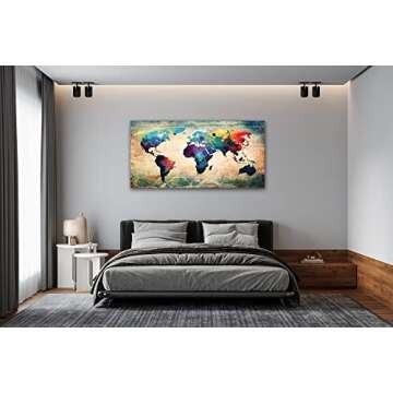 Baisuwallart A62075 Abstract World Map Canvas Painting Vintage Posters and Prints Colorful Wall Art Wall Pictures Artwork Framed Ready to Hang for Living Room Bedroom Office Home Decor 30x60inch