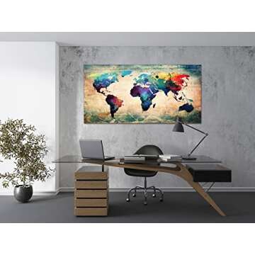 Baisuwallart A62075 Abstract World Map Canvas Painting Vintage Posters and Prints Colorful Wall Art Wall Pictures Artwork Framed Ready to Hang for Living Room Bedroom Office Home Decor 30x60inch