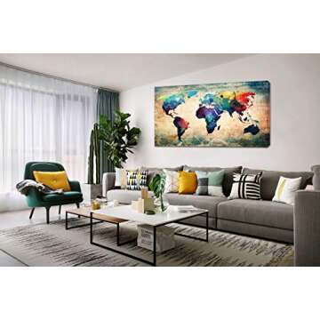 Baisuwallart A62075 Abstract World Map Canvas Painting Vintage Posters and Prints Colorful Wall Art Wall Pictures Artwork Framed Ready to Hang for Living Room Bedroom Office Home Decor 30x60inch