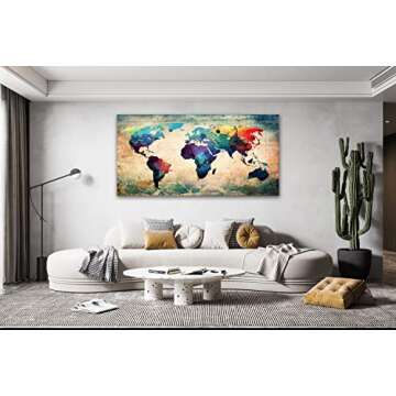 Baisuwallart A62075 Abstract World Map Canvas Painting Vintage Posters and Prints Colorful Wall Art Wall Pictures Artwork Framed Ready to Hang for Living Room Bedroom Office Home Decor 30x60inch