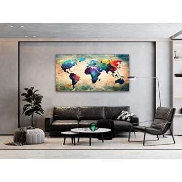 Baisuwallart A62075 Abstract World Map Canvas Painting Vintage Posters and Prints Colorful Wall Art Wall Pictures Artwork Framed Ready to Hang for Living Room Bedroom Office Home Decor 30x60inch