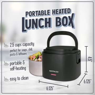 Nostalgia Portable 20-Ounce Electric Heated Lunch Box – Travel Size 2.5 Cup Capacity for Soup, Chili, and Leftovers – Leak Proof Silicone Sealed Lid, Foldable Carry Handle, Detachable Cord – Black