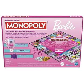 Monopoly: Barbie Edition Board Game, Ages 8+, 2-6 Players, Fun Family Games for Kids and Adults, with 6 Barbie-Themed Pink Zinc Tokens, Kids Gifts