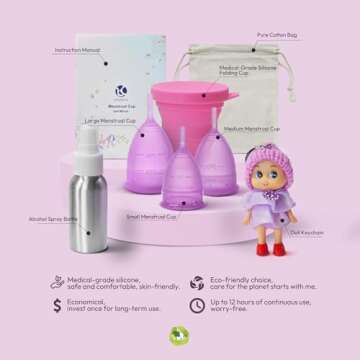 LUCOOLIFE Reusable Menstrual Cup，Silicone Period Cups, Soft, Comfortable & Environmentally Friendly - Set of 3 Kit for Girls & Women，Purple